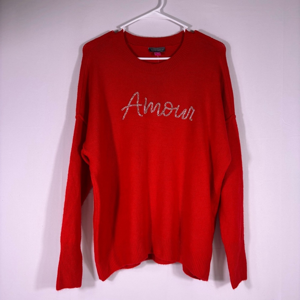 NWT Vince Camuto Vibrant Red Sweater with Silver “Amour” Size Medium